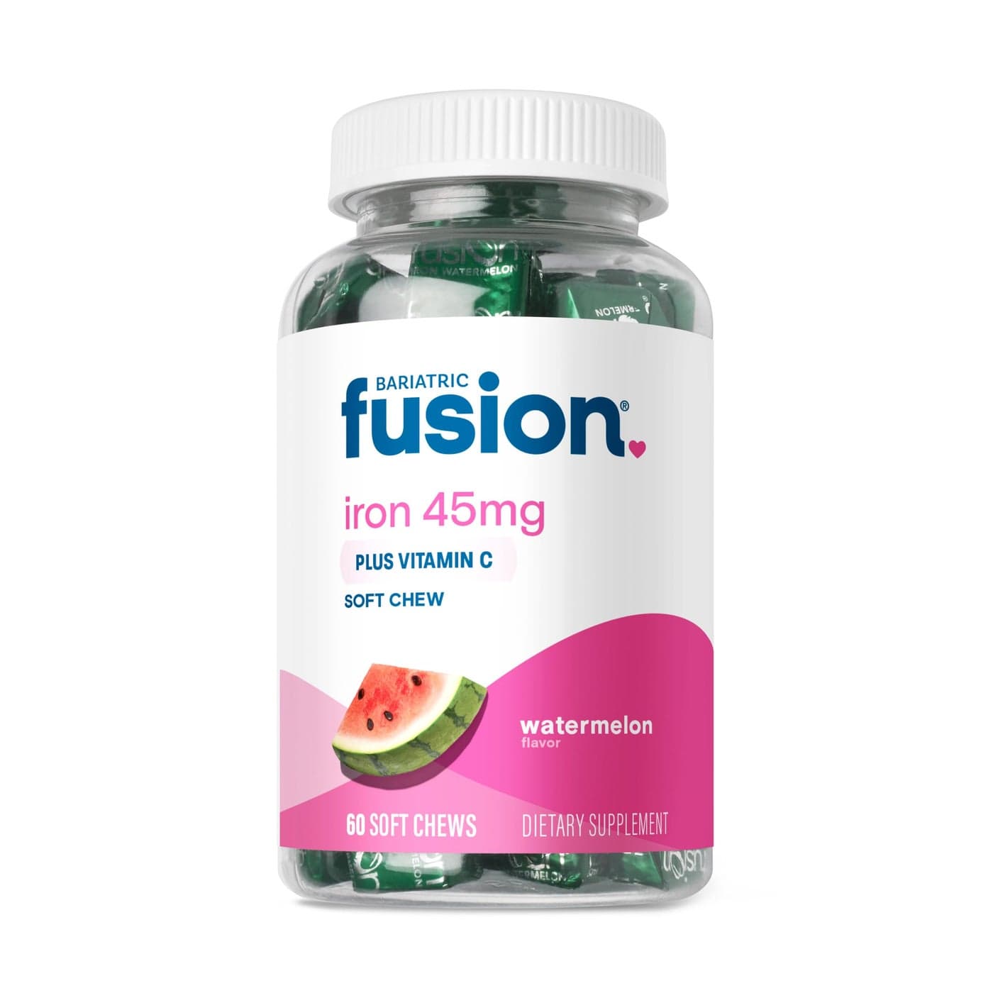 Bariatric Fusion Iron Supplement for Women Anemia Chewable Iron with Vitamin C Watermelon Flavored Soft Chew Gentle on Stomach Ferrous Fumarate for Women and Men Gluten Free 60 Count