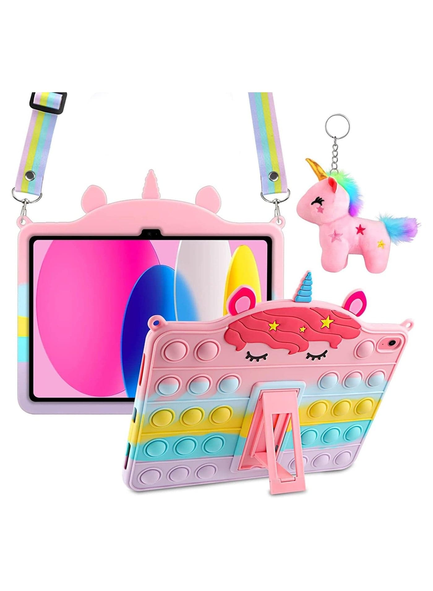 iPad Air 4/5 Case with Kickstand Shoulder Straps Keychain Silicone Fidget Bubble Case for Girls Kids Cute Rainbow Cover for iPad Air 4/5 10.9 inch
