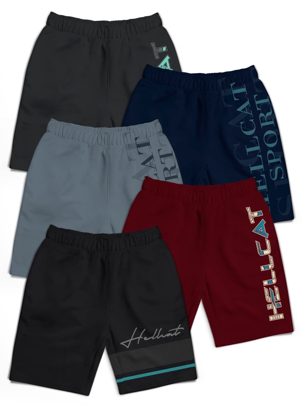 HELLCAT Pack of 5 Trendy Typographic Printed Mid Rise Shorts for Boys - Black/Burgundy/Dark Grey/Navy Blue/Grey / 3-4 Years