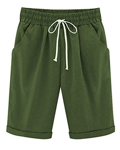 FOURSTEEDS Women's Cotton Drawstring Elastic Waist Knee Length Casual Bermuda Shorts with Pocket Army Green US 0-2 / Tag Size M