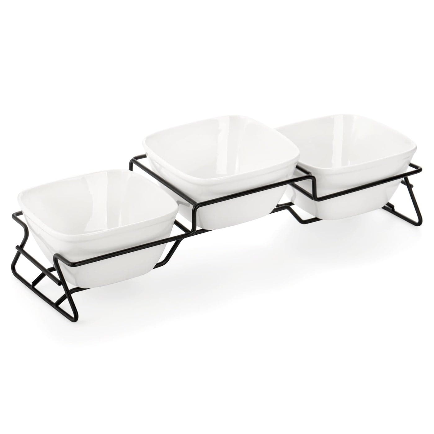 ZENFUN 10 oz Square Bowl Chip Dip Serving Set Pocelain Ramekin Bowls with Metal Rack Stand White Small Serving Dishes Condiment Serving Tray for Entertaining Party Buffets