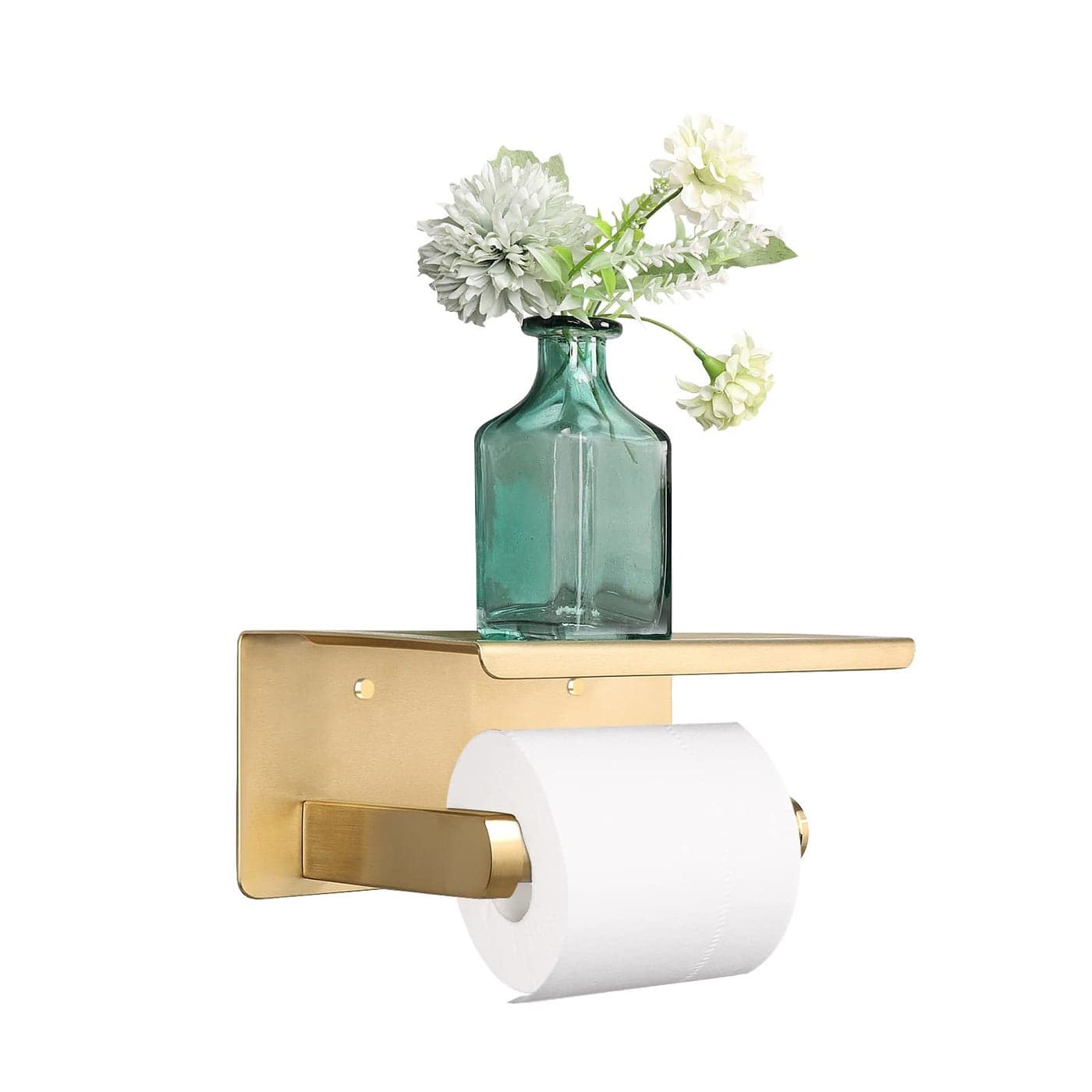 NearMoon Toilet Paper Holder with Shelf Heavy Duty Bath Toilet Roll Holder with Phone Shelf Tissue Hanger for BathroomKitchen No Drill or Wall Mounted304 Stainless Steel Brushed Gold