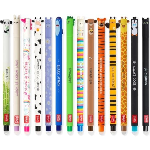 LEGAMI Set of 14 Cute Erasable Gel Pens with Thermosensitive Erase Ink Range of ink colours barrel designs 07mm Tip Animal Designs Panda Bunny Unicorn etc