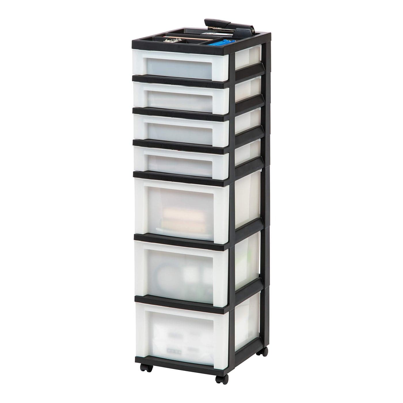 IRIS USA Plastic Drawer Storage Organizer Rolling Cart with Wheels Casters 7Drawers for Classroom Art Craft Supplies Dresser Closet Bathroom Bedroom Top Organizer for Small Parts BlackPearl
