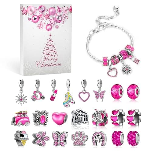 MJartoria Pink Jewelry Advent Calendar 2025 for Adult TeensHot Pink Jewelry 24 Days Christmas CountdownInclued Heart Metal Charms Beads DIY Necklaces Bracelets Making Kit Gifts