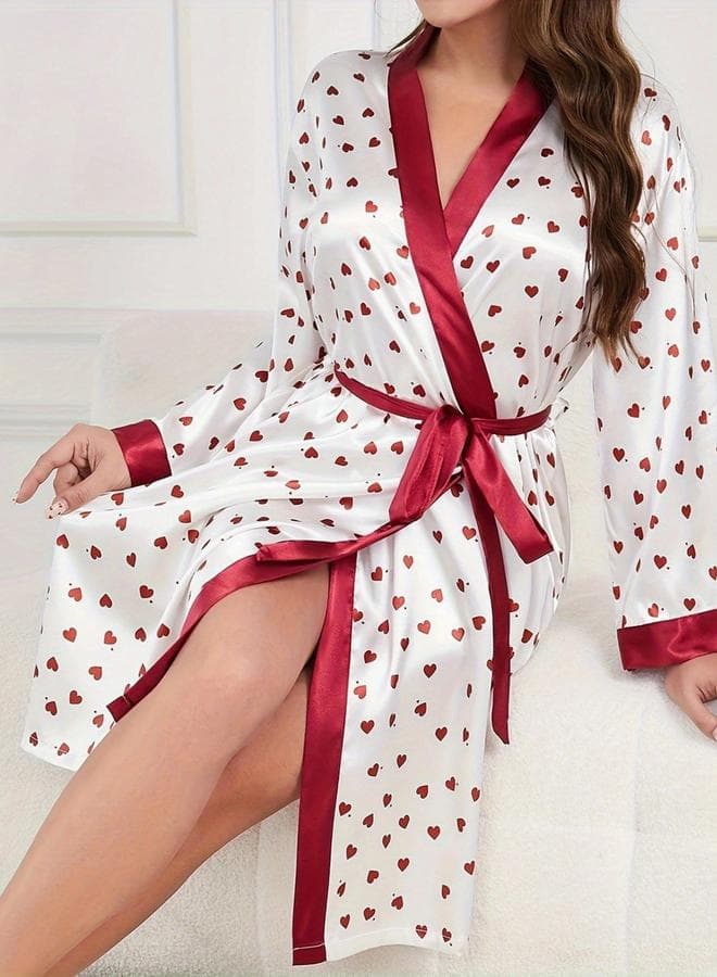 Plus Size Heart Print Satin Robe with Belt