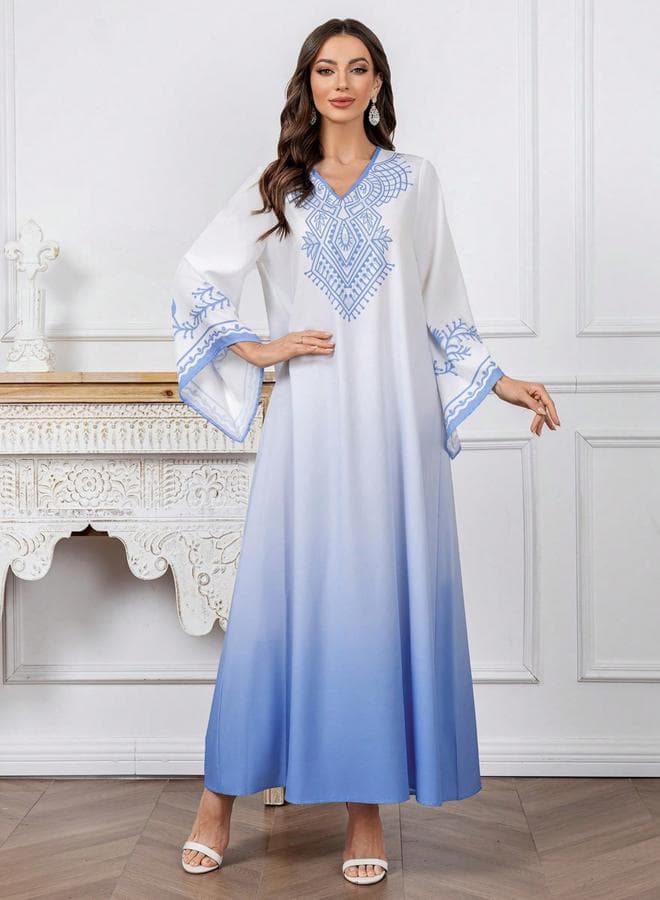 Women Blue Printed Bell Sleeve A-Line Jalabiya
