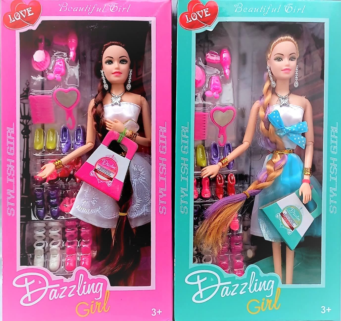 Cri8Hub Fashion Girl's Doll Set with Dresses, Makeup & Accessories - Style Wardrobe for Girls & Boys (Pack of 2)
