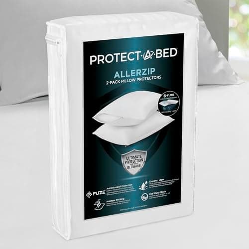 Protect-A-Bed AllerZip Queen 20" x 30" Pillow Protectors (Set of 2), Bed Bug and Dust Mite Proof, Noiseless and Odor-Resistant Pillow Covers, 100% Waterproof, Machine Washable