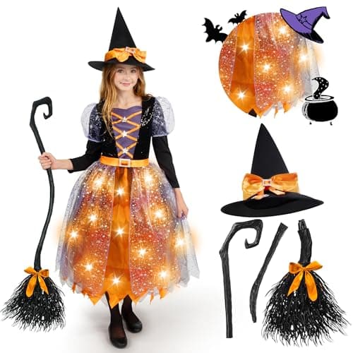Spooktacular Creations Witch Costume Kids Light Up Halloween Costumes Witch Dress with Hat and Broom for Girls Sweet Wizard Set for Toddler Scary Halloween Themed Parties Orange L