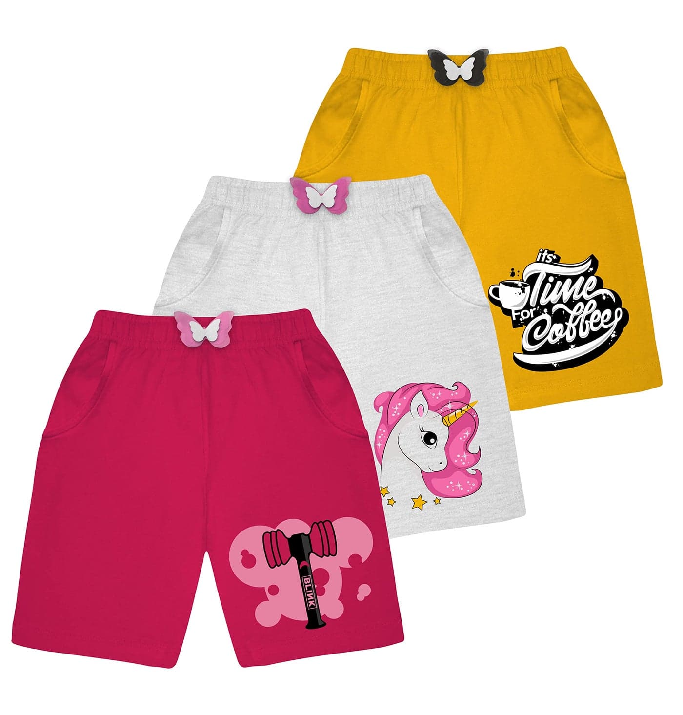 KYDA KIDS Cotton Printed Bow Shorts for Girls with Pocket and Elastic Waist, Regular Fit - Pack of 3(K-GIRLS-BLINK-8-9Y,Multicolor)