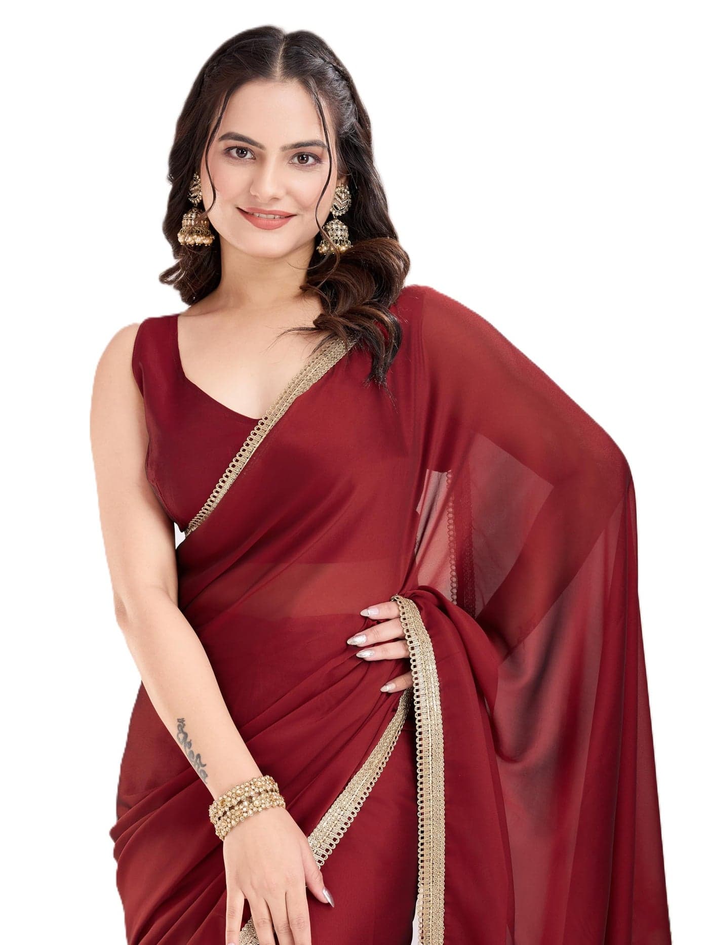 Ekasya Women Rangoli Silk Maroon Solid Pattern Ready To Wear Pre-Stitched Saree With Unstitched Blouse (E2086_4)