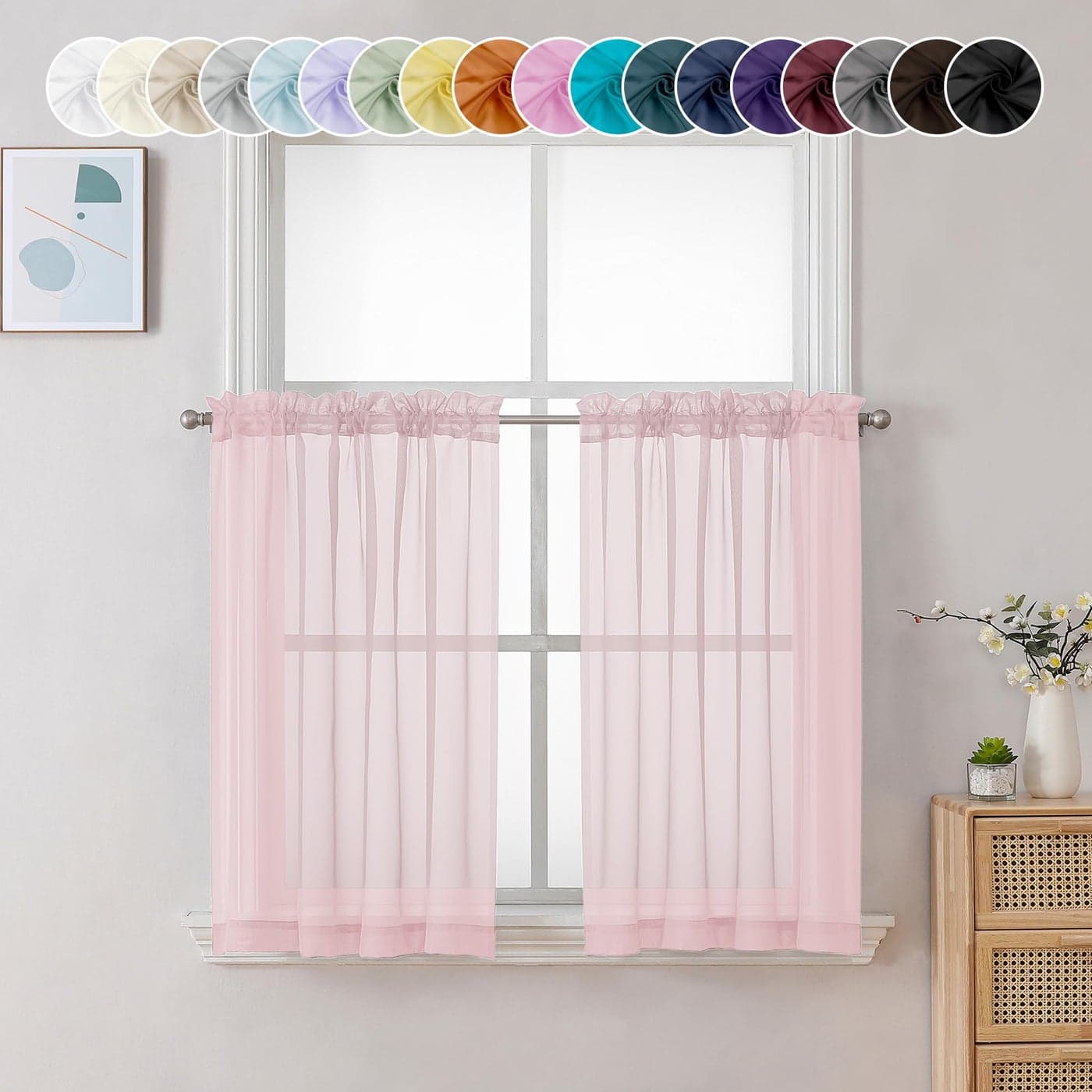 Chyhomenyc Sheer Curtains 36 inch Length 2 Panels Light Filtering Voile Rod Pocket Short Window Sheer Curtians for Bathroom Living Room 2PCS Blush Pink