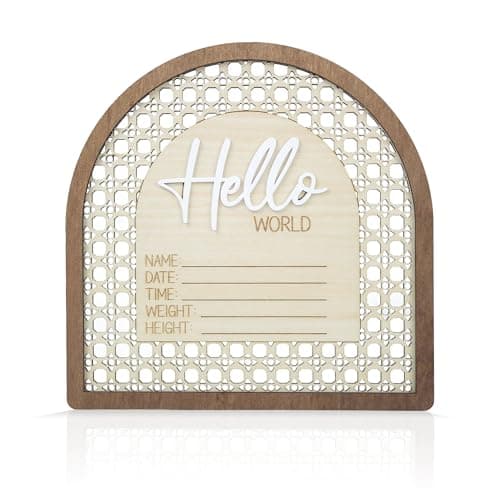 TTMerriwood Baby Announcement Sign 6.5 Inch Wooden Hello World Newborn Welcome Sign Birth Name Plaques for Photo Props Shower Hospital Nursery (White)