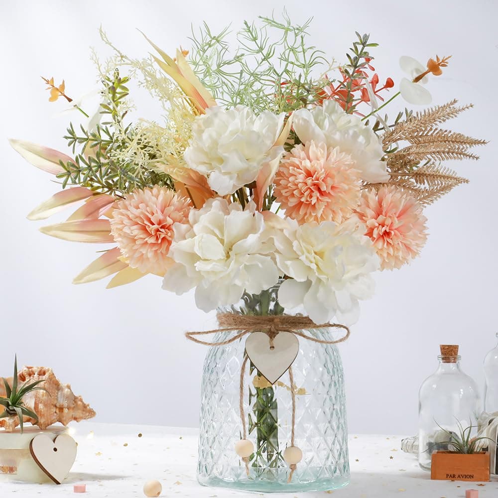 JARELING Silk Flowers with Vase Artificial Flowers Arrangement with Glass Vase Faux Peony Hydrangea for Decoration Table Centerpiece Peony White Pink