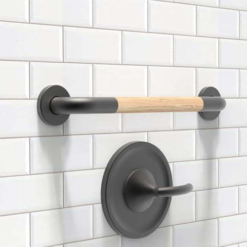 AquaChase Safety Grab Bar for Bathroom Toilet Natural Bamboo Handle ADA Compliant Balance Assist Handrail for Handicap and Seniors 18in Matte Black