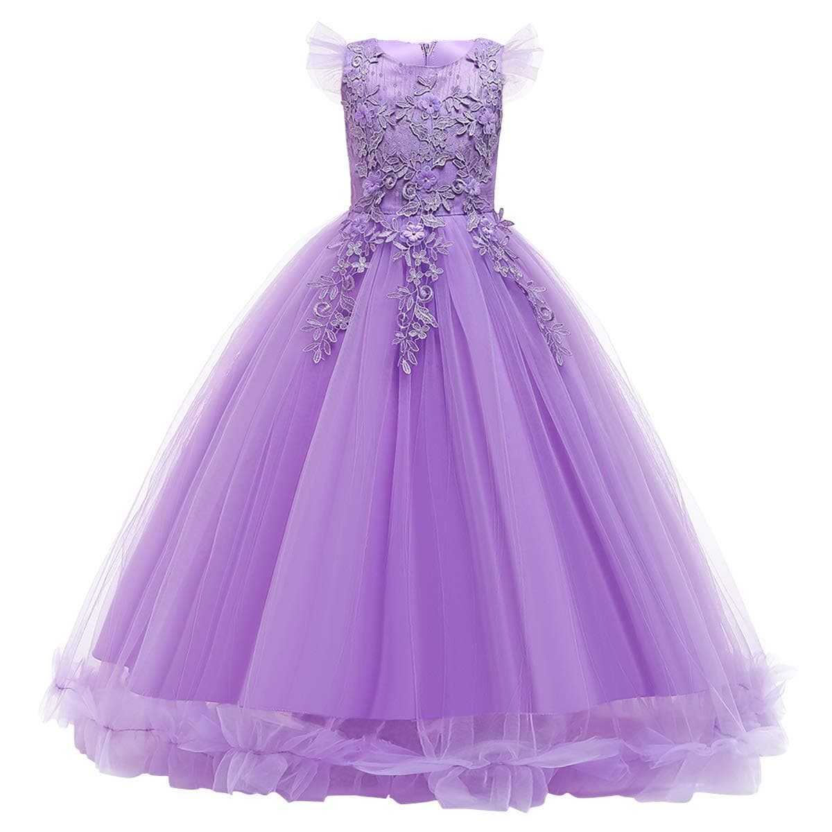 Girl Princess Embroidery Flower Lace Long A Line Pageant Dress Kid Floor Length Evening Prom First Holy Communion Bow Tie Dress Puffy Tulle Maxi Ball Gown for Wedding Formal Party Light Purple 78