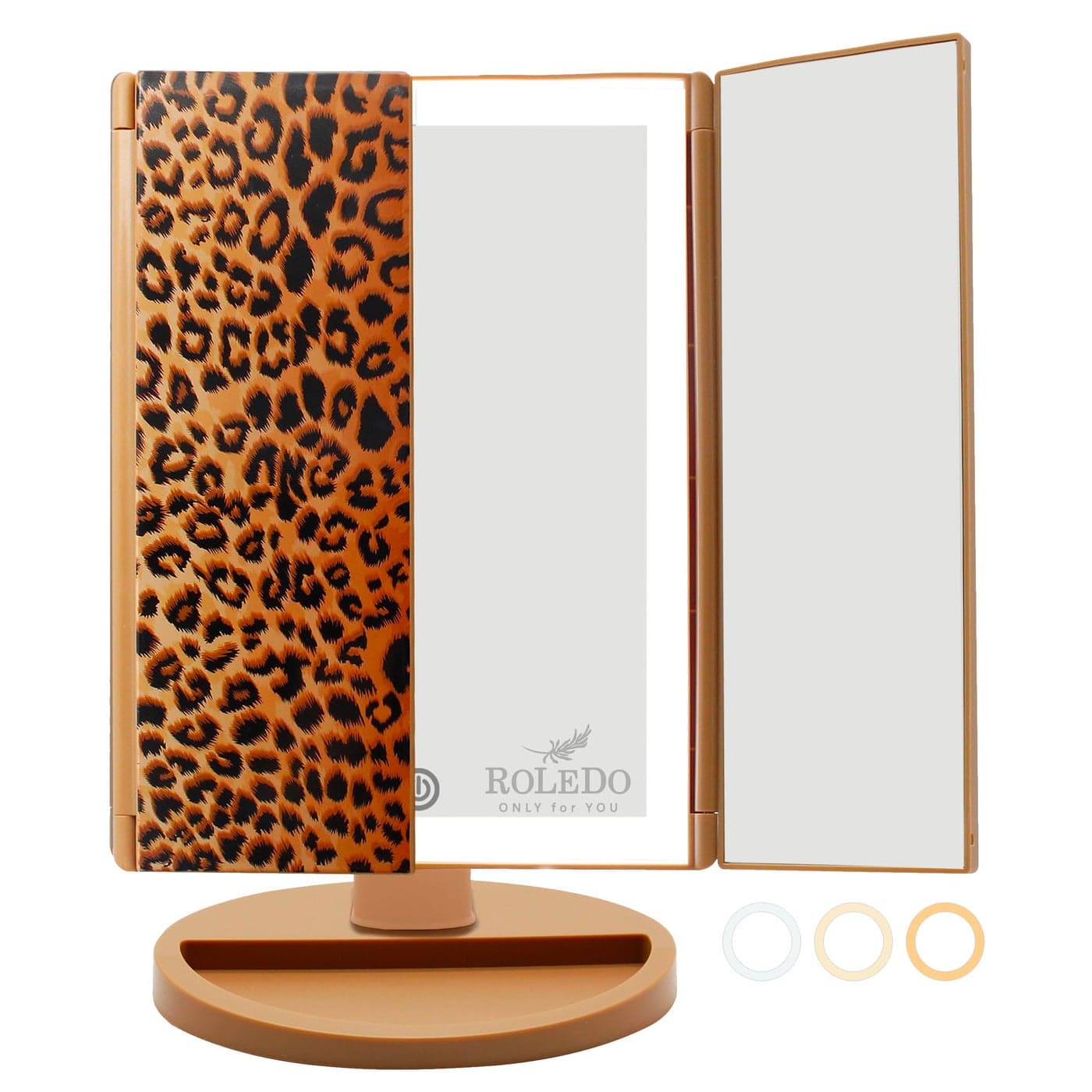 RoLeDo 3 Folds Lighted Vanity Makeup Mirror 2X3X Magnification 72 LED Lights Desk Mirror with Touch Screen 3 Color Lighting Portable Cosmetic Mirror Gifts for Women Teen Girls Leopard Print