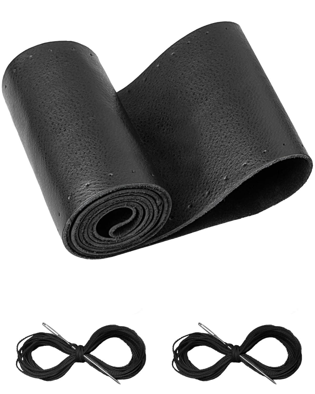 Belinous Leather Steering Wheel Cover Lace Up, Stitch On Wrap, Universal Fit 13-20 inch Car Truck SUV Pickup Boat, A Whole Piece of Cowhide, DIY Stitch w/Needle Thread (Size M4, Black)