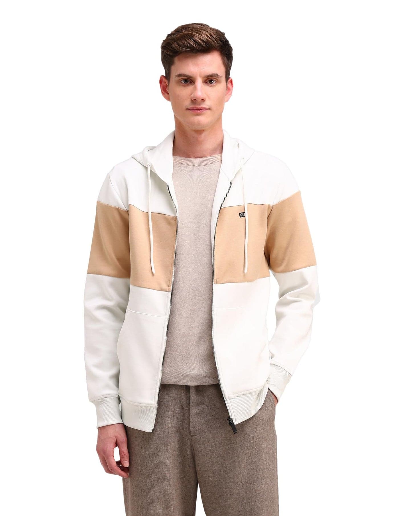 Arrow Sports Men's White Color-Block Hooded Neck Long Sleeve Casual Cotton Regular Fit Sweatshirt (ASAISS3958_White_S)