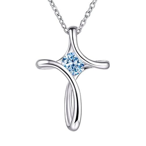 NINAMAID Cross Necklace for Women 925 Sterling Silver Birthstone Necklaces for Women with Diamond Sideways Birthstone Jewelry Gifts for Women