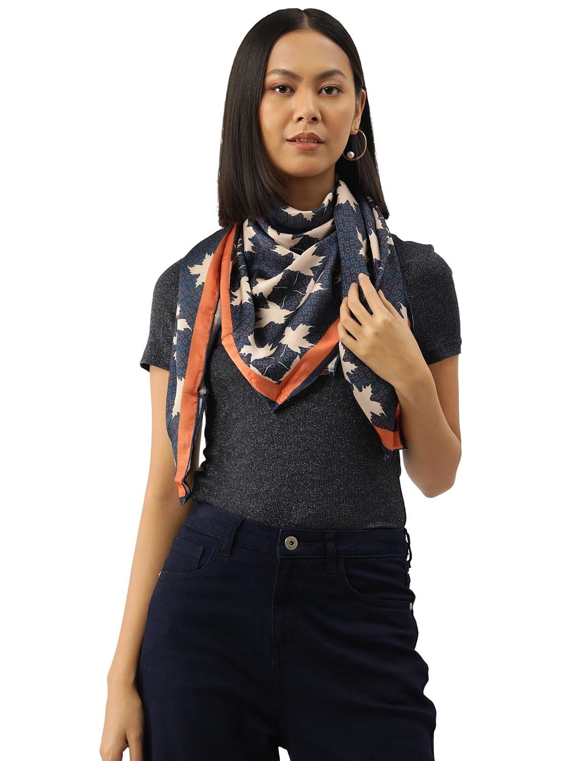 leeza store Women's Silk Scarf For Women, Midnight Navy Blue Digital Printed Maple Leaf Motif, 40"X40", Elegant Lightweight Stole