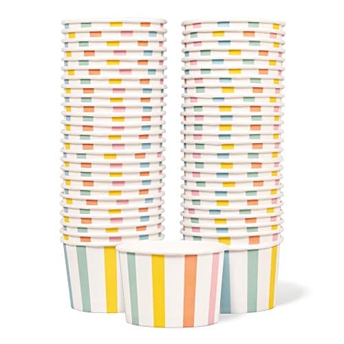 MATICAN Paper Ice Cream Cups, 50-Count 9-Oz Disposable Dessert, Snack Bowls for Hot or Cold Food, 9-Ounce Party Supplies Treat Cups for Sundae, Frozen Yogurt, Soup, Pastel Stripes