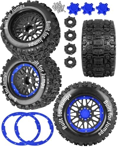 RCarmubWow 18 110 17mm Hex RC Truck TiresWheels and Tires for 110 ERevo TMaxx Summit Kraton Outcast Monster TruckBuggy Rubber Tyres and Rims wFoam Insert for RC OffRoad CarBlackNavy Blue
