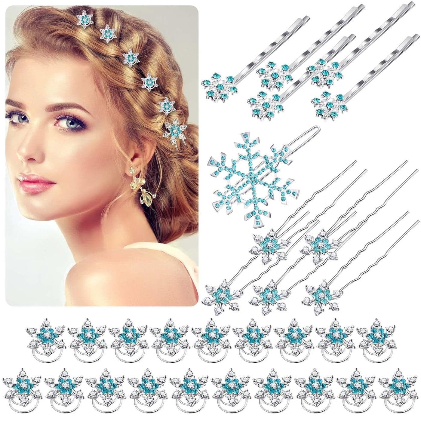 30 Pcs Christmas Hair Clips for Women Crystals Bobby Pins Snowflake Rhinestone Bridal Hair Clips Barrettes Spiral Elegant Pins for Costume Cosplay Winter Wedding Bridal Party 4 Styles