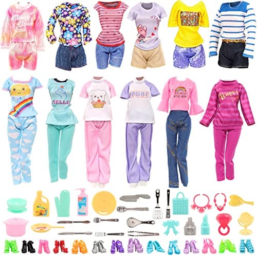 40 PCS Doll Clothes and Outfits 6 Pants Outfits 10 Shoes 15 Makeup Accessories and 9 Tableware Accessories for 115 inch Doll Girl Dolls