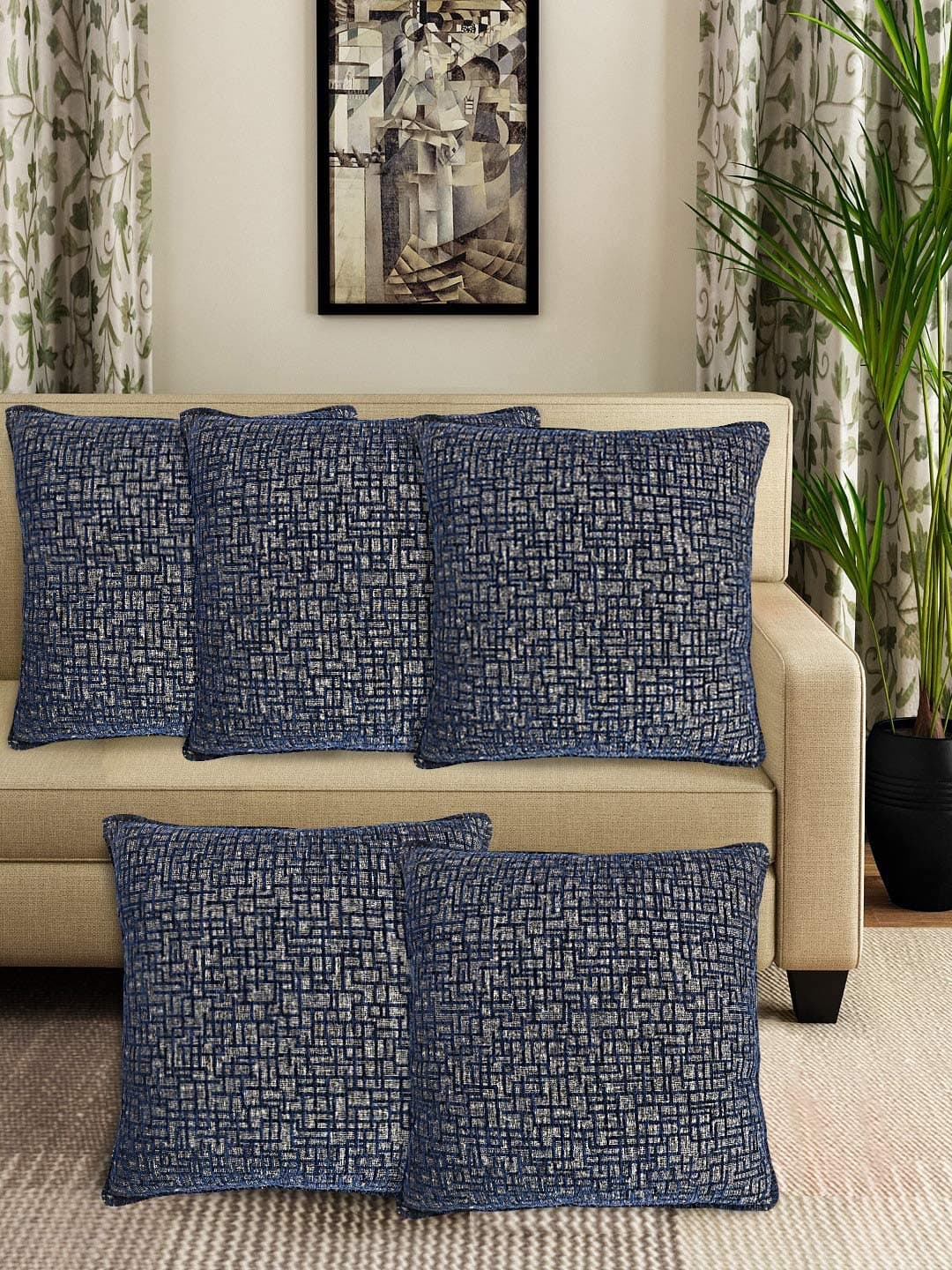 Saral Home Viscose and Chenille Tic-Tac Designer Cushion Cover (Navy Blue, 40x40 cm) - Set of 5