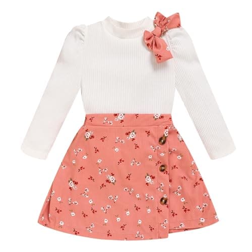 TITKKOP Toddler Girl Plaid Outfits Fall Winter Dress Knit Ribbed Bow Sweatshirt Tops and Button Fashion Skirts Set(pink+flower,3T