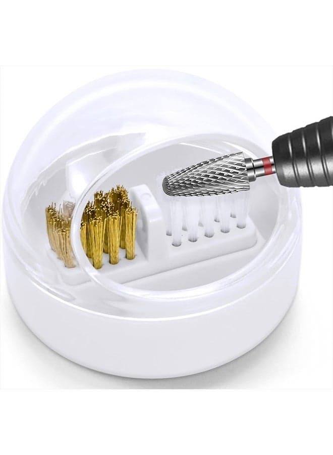 Nail Art Cleaner Tool Case with Steel Wire Brush and Nylon Brush for Cleaning Carbide/Ceramic Nail Drill Bits, Anti-splash Design, Removable, Washable, Clear Cover + White Base