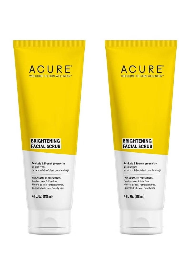 Acure Brightening Facial Scrub Duo Pack - 4 Fl Oz Each - 2 Pack - All Skin Types, Sea Kelp & French Green Clay - Softens, Detoxifies and Cleanses
