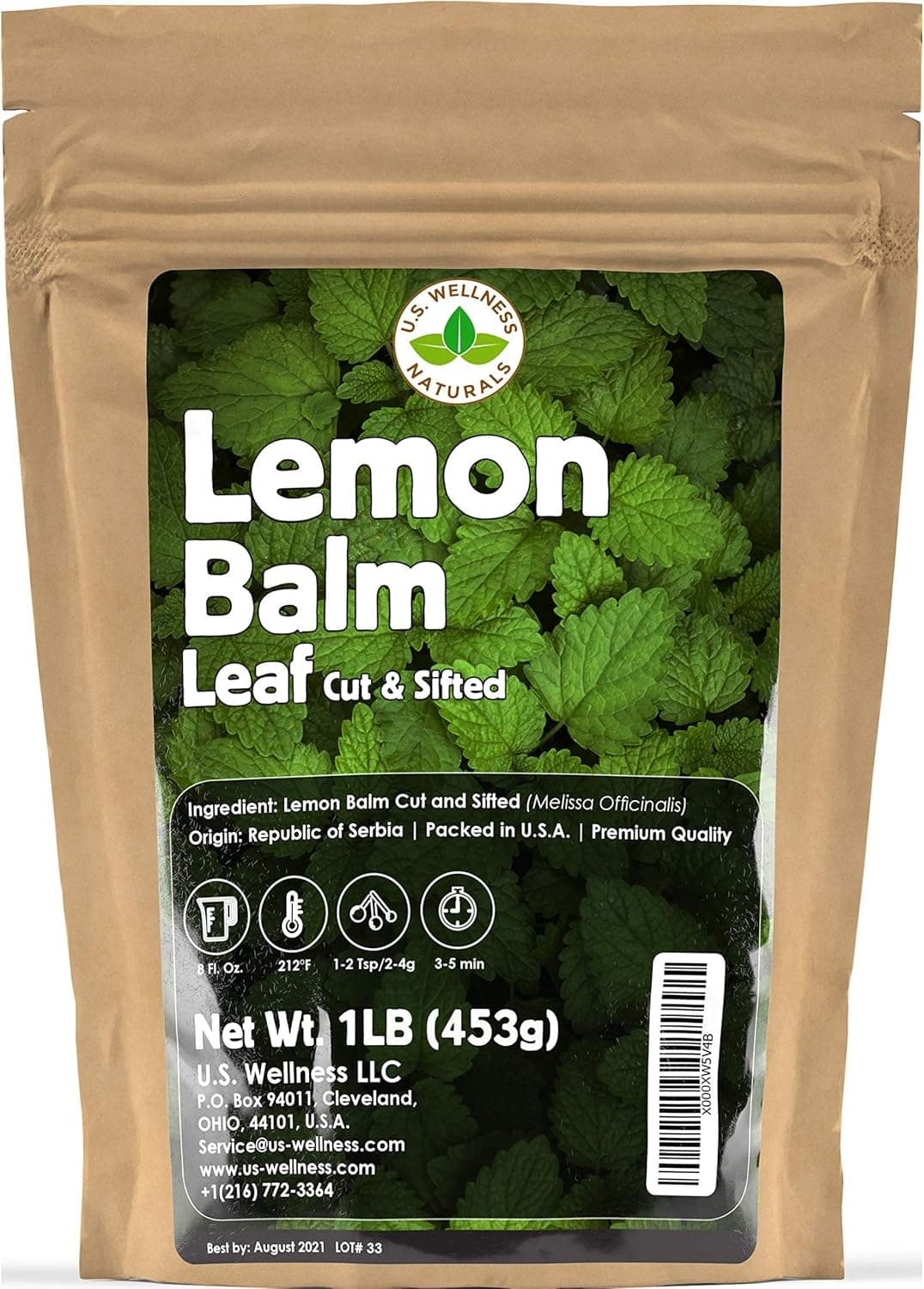U.S. Wellness Naturals Lemon Balm Herbal Tea - Cut and Sifted Leaf, 1lb (16oz) - Caffeine Free Relaxation