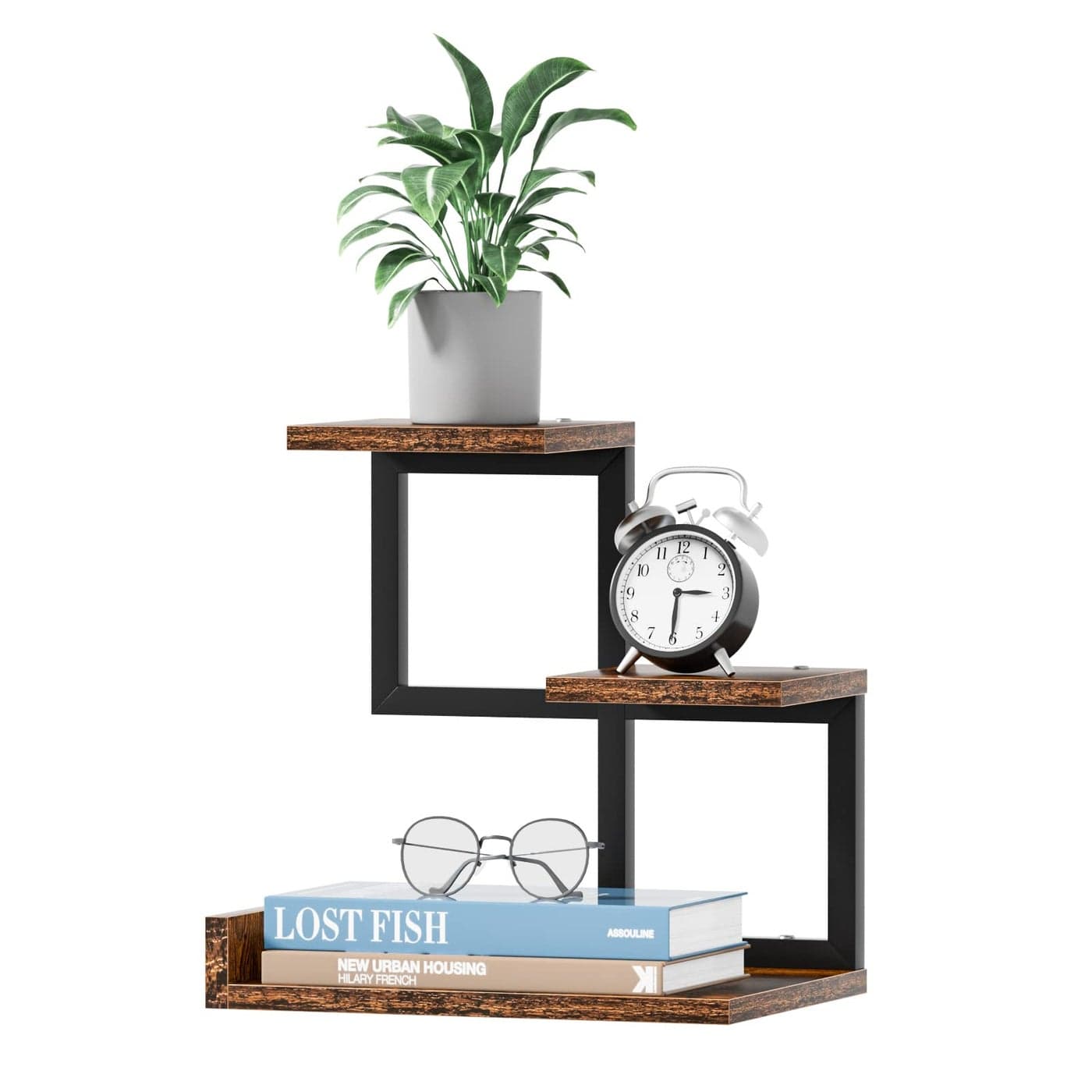 Gannyfer Desk Shelf Organizer Wood Desktop Shelf Freestanding Desk Hutch Office Decor 3 Tier Storage Display Rack Small Bookshelf with Metal Frame for BooksPlantsToys Rustic Brown Black