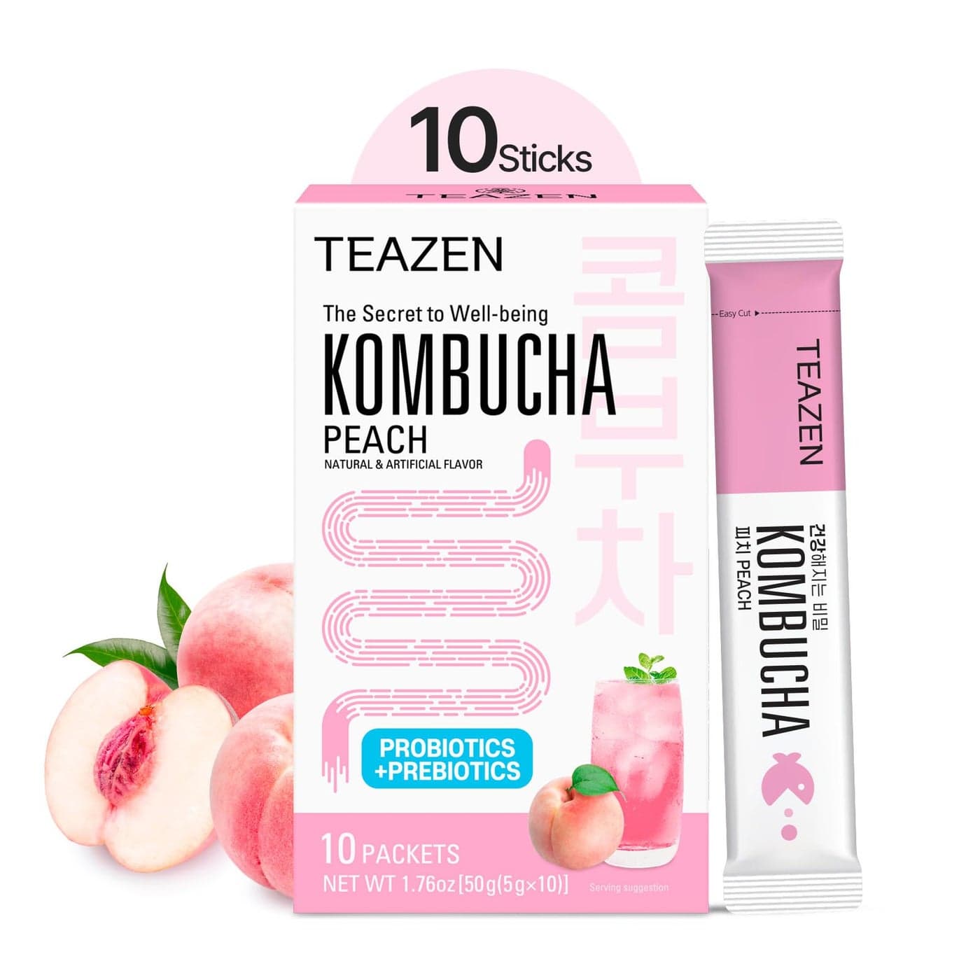 TEAZEN Peach Kombucha Tea, Hydration Drink Mix, Sugar Free, Live Probiotics & Prebiotics, 10 Sticks, 1.76oz
