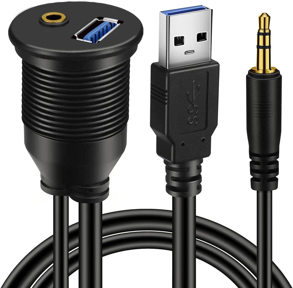 BATIGE USB 3.0 & 3.5mm Car Mount Flush Cable 3.5mm + USB3.0 AUX Extension Dash Panel Waterproof Mount Cable for Car Boat and Motorcycle - 3ft