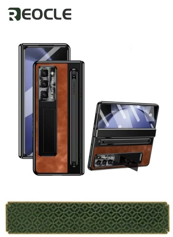 Samsung Galaxy Z Fold 5 Frosted & Leather Case with S Pen Holder Built-in Screen Protector and Stand Shock Proof Case for Samsung Z Fold 5 with S Pen Slot Brown