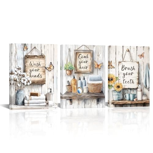 LyerArtork 3 Piece Bathroom Wall Art Canvas Prints Farmhouse Bathroom Wall Decor Pictures Wash Your Hand Comb Hair Brush Teeth Sign Rustic Artwork 12x16inchx3
