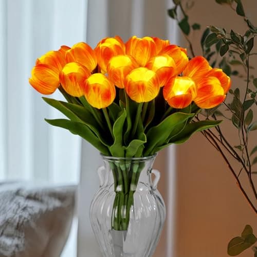 HOMESEASONS 20pcs LED Lighted Artificial Flowers Tulip Lamp Real Touch Tulips Faux Flower Lights for Valentine's Day and Easter Home Kitchen Wedding Dining Table Decor(Orange)
