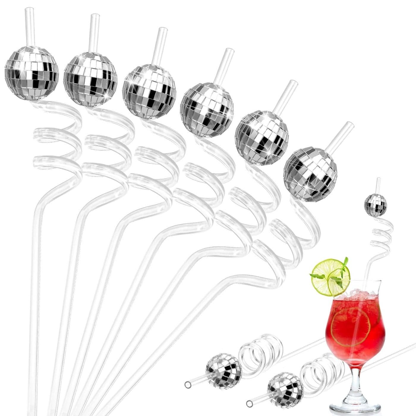 Chengu 24 Sets 70s Disco Ball Straw Glitter Mirror Disco Ball and Silver Plastic Bride Straws for 1970s Retro Theme Bachelorette Party Decorations Birthday Supplies