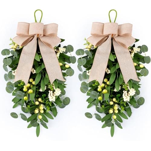 2 PCS 22" Artificial Green Eucalyptus Teardrop Swag for Front Door Greenery Swag Spring Summer Olive Kitchen Cabinet Wreath with White Berry for Farmhouse Home Porch Wall Window Festival Wedding Decor