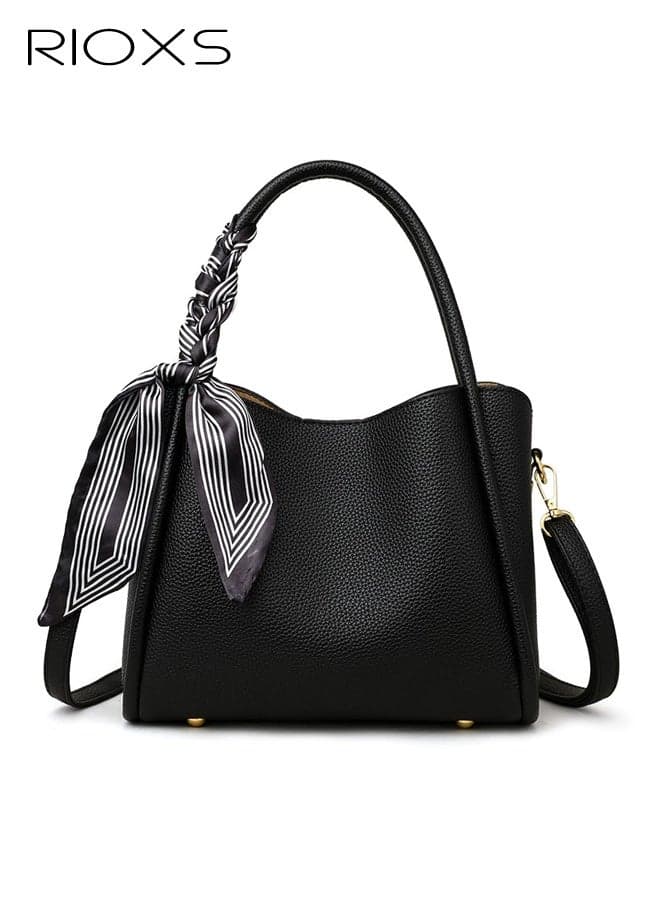 Womens Bucket Bags, Elegant Pu Leather Crossbody Bucket Purse with Fashionable Silk Scarf for Ladies, Top Handle Satchel Handbags Shoulder Bag with Detachable Adjustable Straps for Travel Party Dating Shopping, Black