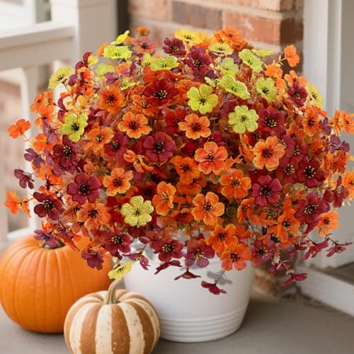 12 Bundles Artificial Fall Flowers Faux Mums for Outdoor Indoor Artificial Plants Daisy Faux Plants Fake Mums for Fall Decor Pots Patio Garden Porch Autumn OrangeBrownYellow 12