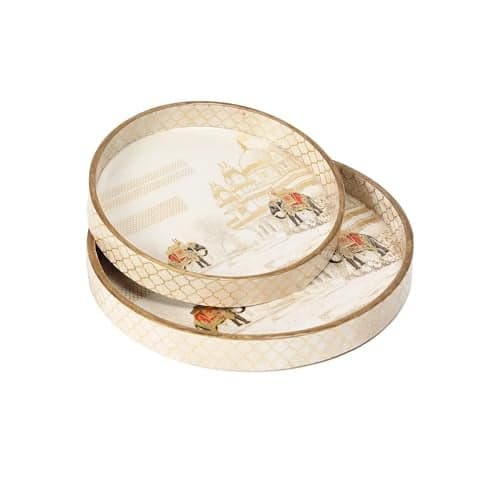 DULI Set of 2 MDF Wood Trays Enamel Coated| Round Trays Set of 2 | Serving Trays | Wooden Tray | Kitchen&Dining Decorative | Resin Tray | 7x7, 9 x 9 inches (SmSetof2Rd-WhiteElephant)