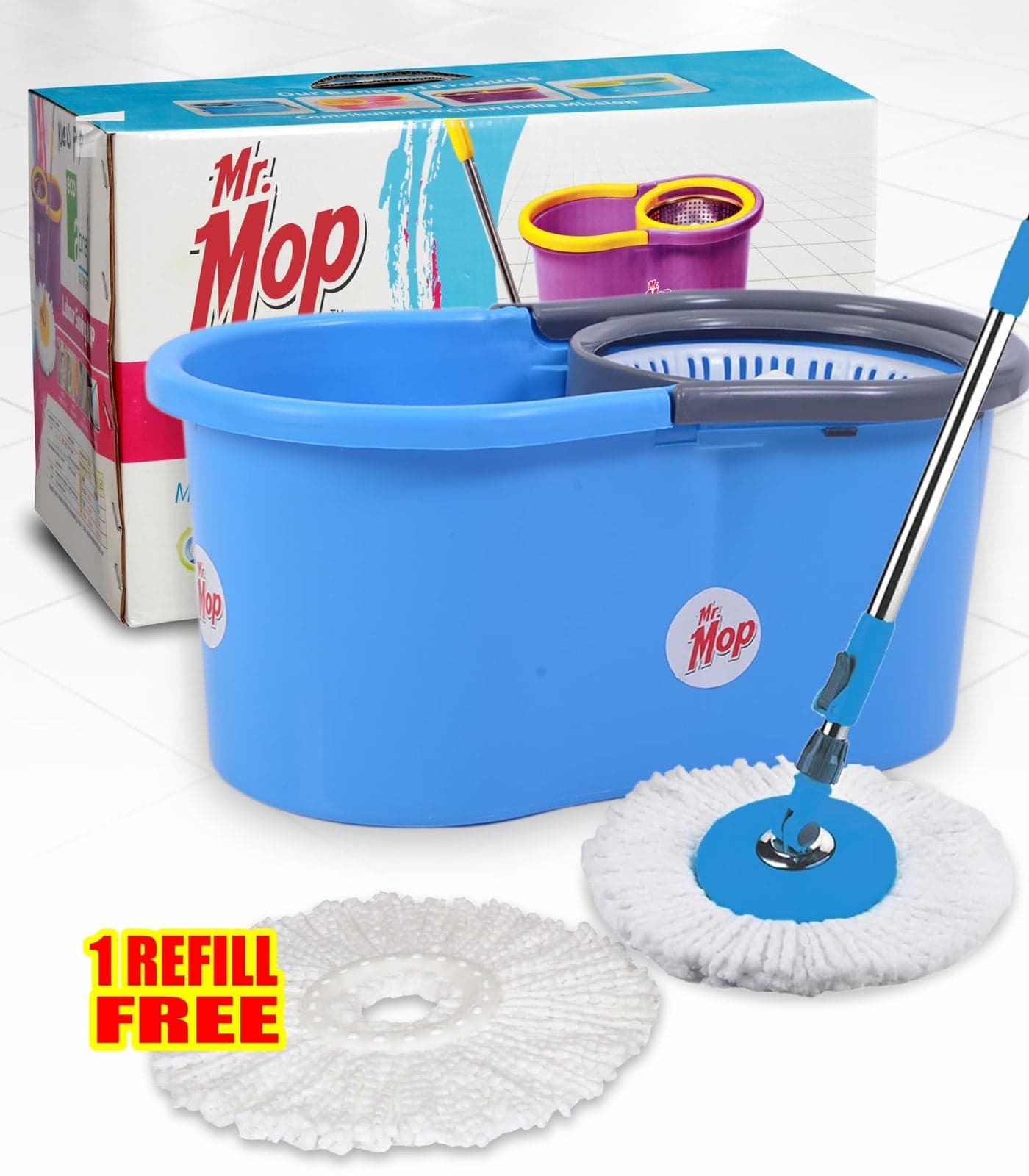Mr.Mop 360 Degree Spin Bucket Mop for Floor Cleaning with Rod Stick and 2 Microfiber Refill | Magic Pocha Set (Blue (Plastic Jali))