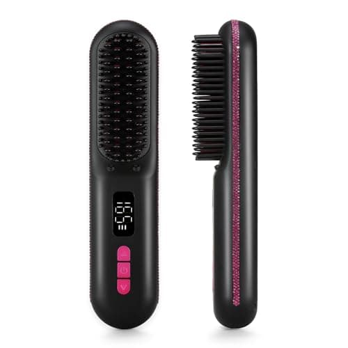 CHRISTINE SHELLY Hair Straightener Brush, Portable Cordless Mini Straightening Brush for Travel, Negative Ion Hot Comb Hair Straightener with 9 Temps for Women, Anti-Scald Ceramic, Fast Charge