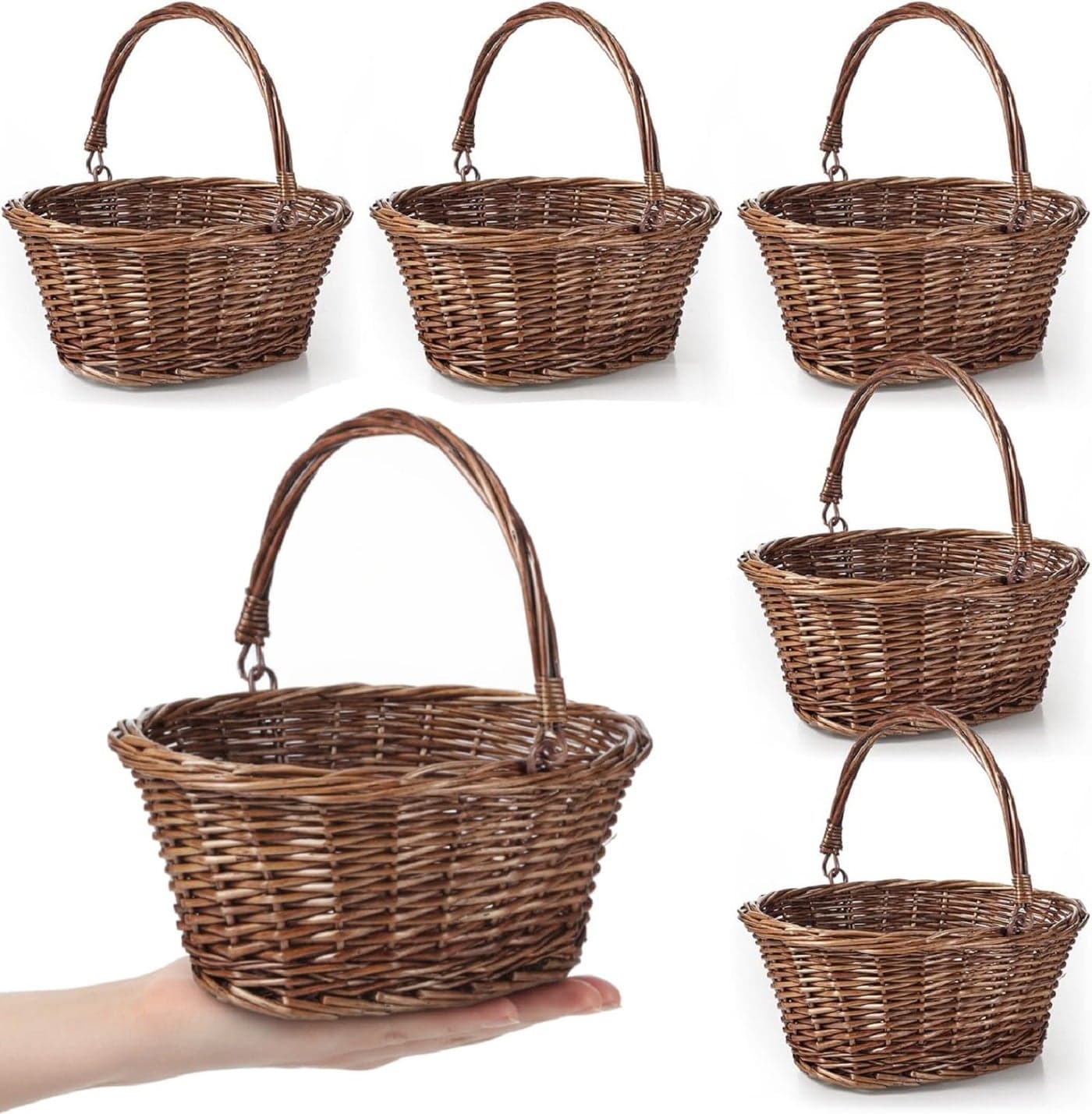 Barydat Small Wicker Basket with Handle Flower Girl Baskets Oval Willow Woven Braided Gift Basket for Weddings Picnic Baby Shower Home Garden Decor(6 Pcs,Brown,12'' x 9'' x 5'')