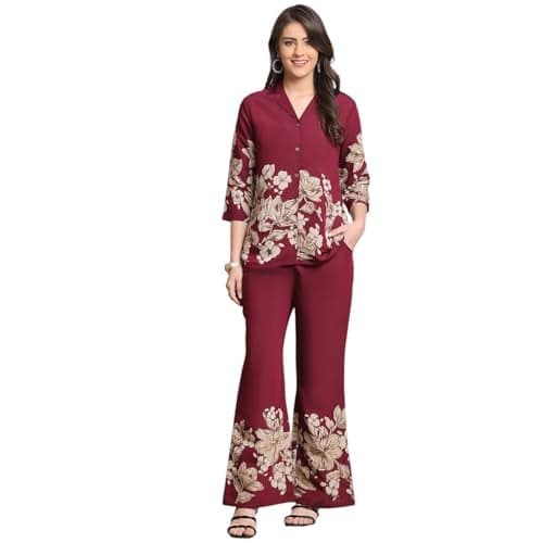 Women's Floral Print Co-ord Set, Burgundy Top and Palazzo Pants, 3/4 Sleeve (Wine, Medium)